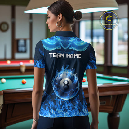 Blue Flaming 8 Ball Pool Billiard Shirts For Women Custom Polo & Quarter Zip Billiard Team Jerseys TDM3999