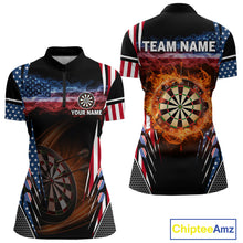 Load image into Gallery viewer, Personalized American Flag Dartboard Fire Flame Darts Shirt For Women, Patriotic Darts League Jersey TDM4796