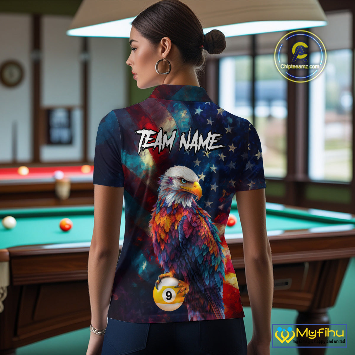 Custom Colorful Eagle 8 Ball & 9 Ball Billiard Shirt For Women, Patriotic US Flag Pool Team Jersey TDM4238