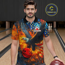 Load image into Gallery viewer, Personalized Orange Flaming American Flag Bowling Shirt For Men Custom Eagle Bowling Team Jersey TDM4642