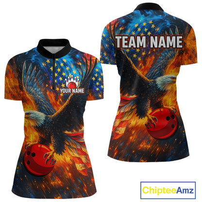 Personalized Orange Flaming American Flag Bowling Shirt For Women Custom Eagle Bowling Team Jersey TDM4642