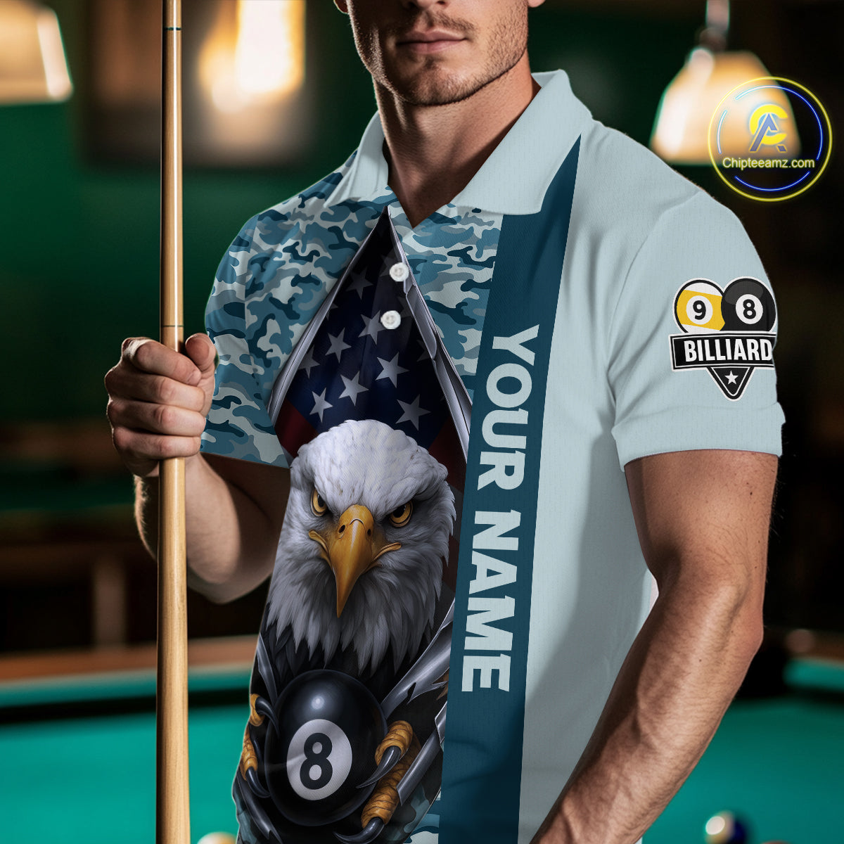 Blue Camo American Flag Eagle 8 Ball & 9 Ball Pool Jersey For Men Custom Billiard Team Shirt TDM4660