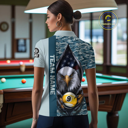 Blue Camo American Flag Eagle 8 Ball & 9 Ball Pool Jersey For Women Custom Billiard Team Shirt TDM4660