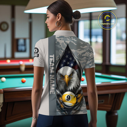 Grey Camo American Flag Eagle 8 Ball & 9 Ball Pool Jersey For Women Custom Billiard Team Shirt TDM4661