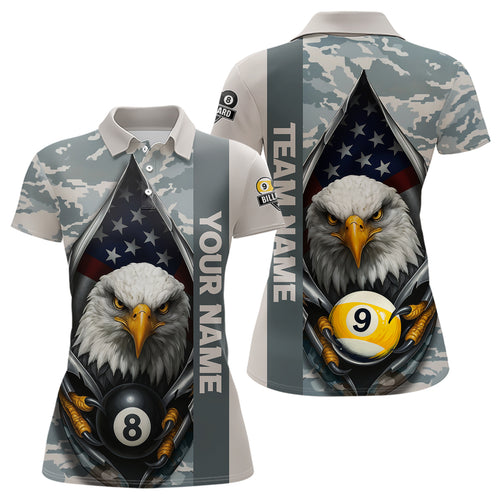 Grey Camo American Flag Eagle 8 Ball & 9 Ball Pool Jersey For Women Custom Billiard Team Shirt TDM4661
