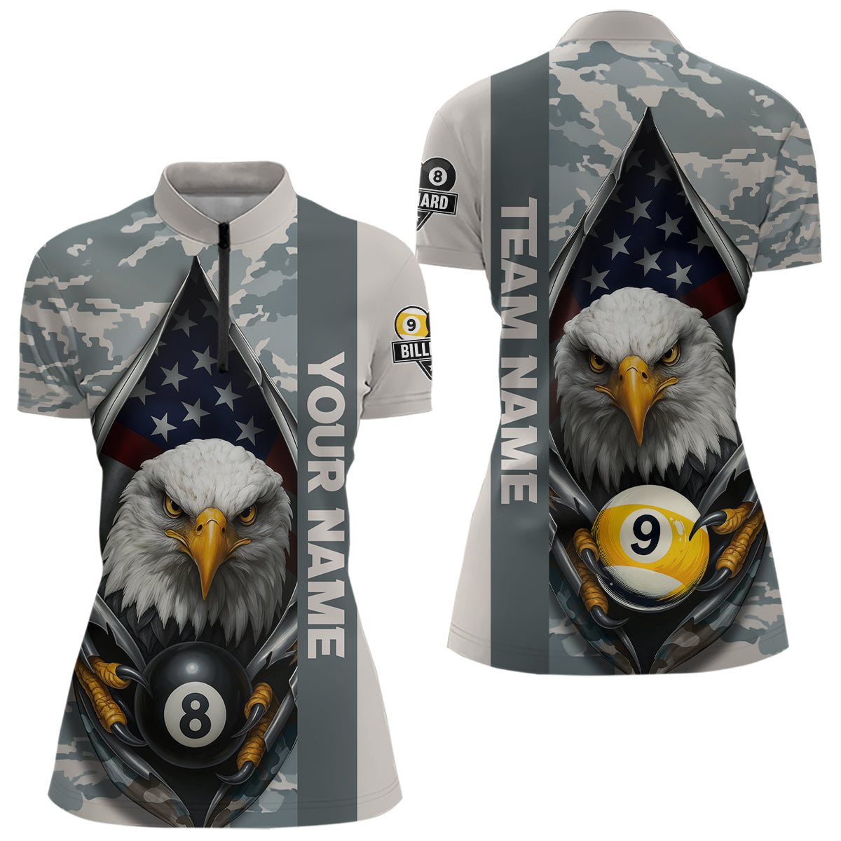 Grey Camo American Flag Eagle 8 Ball & 9 Ball Pool Jersey For Women Custom Billiard Team Shirt TDM4661