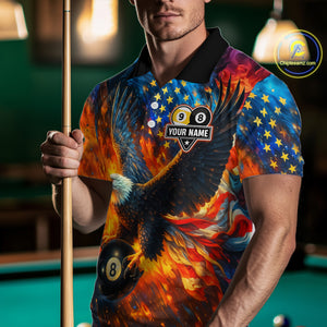 Personalized Orange Flaming US Flag 8 Ball & 9 Ball Eagle Billiard Shirt For Men, Pool Team Jersey TDM4259