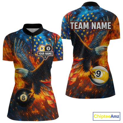 Personalized Orange Flaming US Flag 8 Ball & 9 Ball Eagle Billiard Shirt For Women, Pool Team Jersey TDM4259
