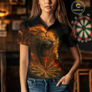 Personalized Fire Flame Lion Darts Shirt For Women Custom Orange Darts League Jersey Polo & 1/4 Zip TDM4678