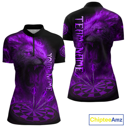 Personalized Fire Flame Lion Darts Shirt For Women Custom Purple Darts League Jersey Polo & 1/4 Zip TDM4679