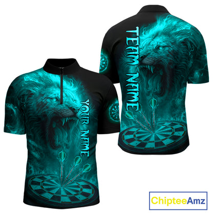 Personalized Turquoise Fire Flame Lion Darts Shirt For Men, Dart League Jersey Polo & 1/4 Zip TDM4680