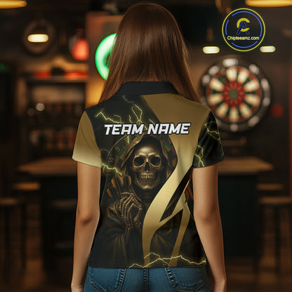 Personalized Golden Grim Reaper Lightning Darts Shirt For Women, Darts Team Jersey Polo &1/4 Zip TDM4271