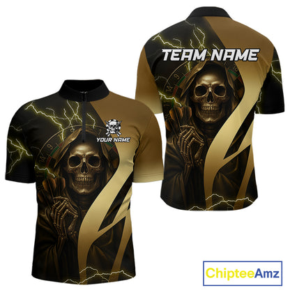 Personalized Golden Grim Reaper Lightning Darts Shirt For Men, Darts Team Jersey Polo &1/4 Zip TDM4271