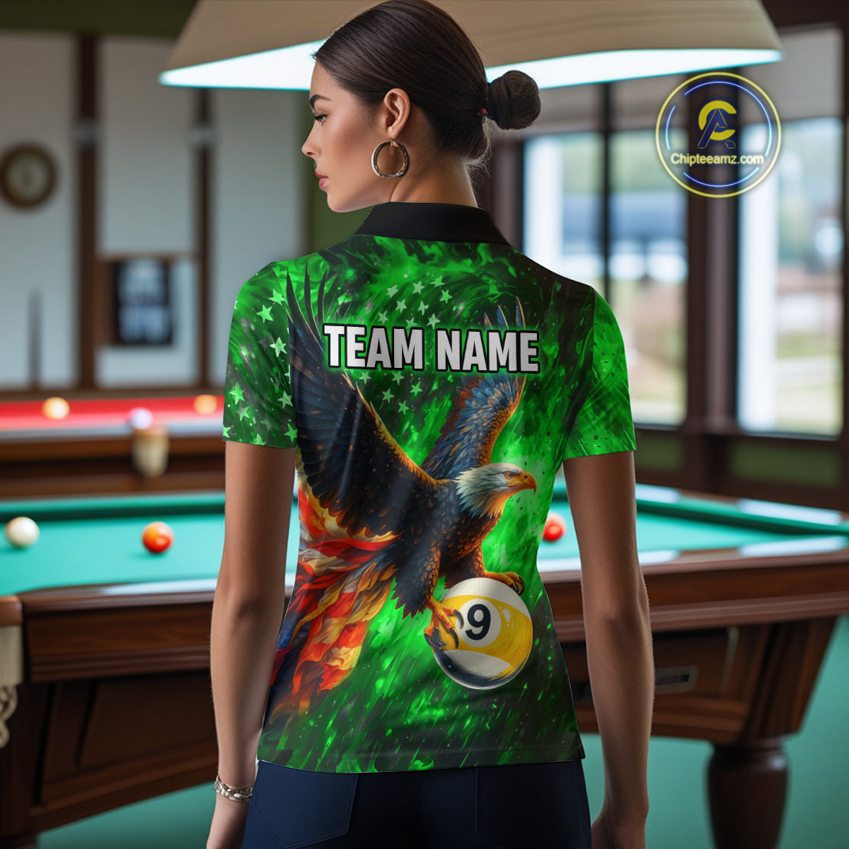 Personalized Green Flaming US Flag 8 Ball & 9 Ball Eagle Billiard Shirt For Women, Pool Team Jersey TDM4437