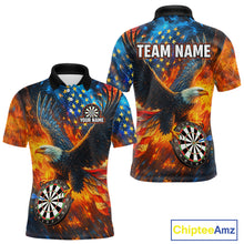 Load image into Gallery viewer, Personalized Orange Flaming US Flag Eagle Darts Shirt For Men, Patriotic Darts Team Jerseys TDM4438