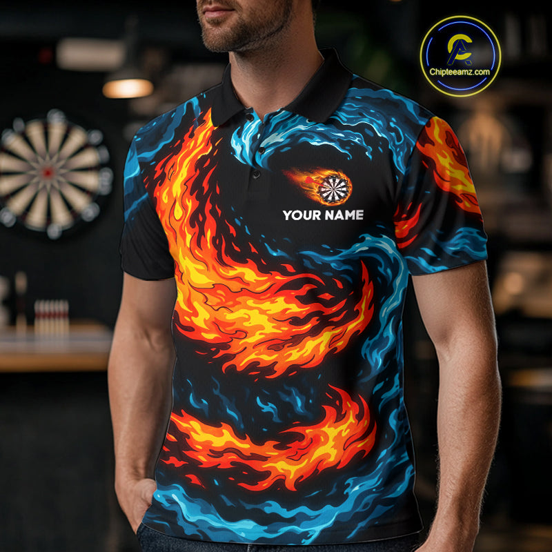 Personalized Blue And Orange Flame Darts Shirt For Men | Custom Storm Fire Team Darts Jersey TDM4274