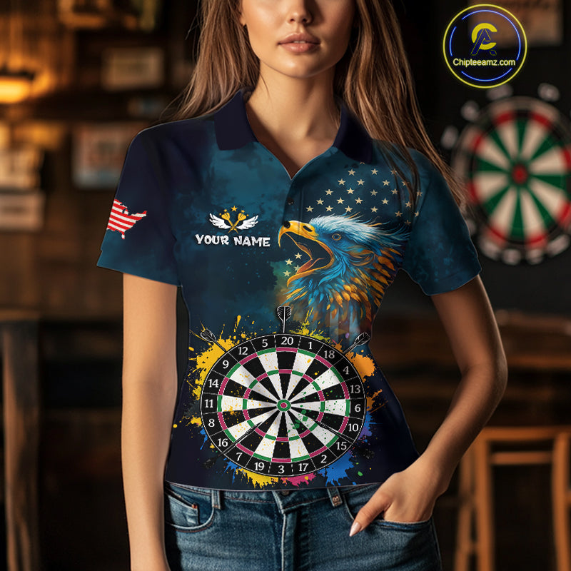 Funny Colorful Dartboard Eagle Darts Shirt For Women Custom Navy Blue US Flag Darts Team Jersey TDM4292