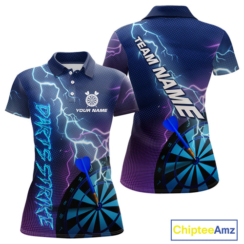 Custom Purple Blue Lightning Strike Dart Shirts For Women, Darts Team Jersey Polo & 1/4 Zip Outfit TDM4140