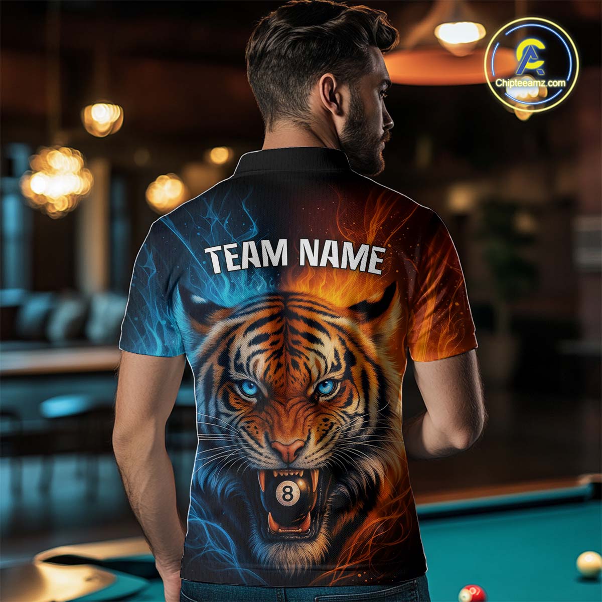 Blue And Orange 8 Ball Pool Tiger Fire Billiard Shirt For Men Custom Billiard Team Jersey Outfit TDM4543