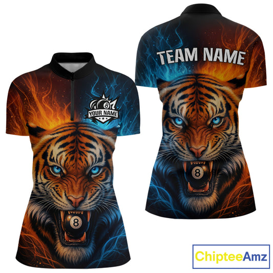 Blue And Orange 8 Ball Pool Tiger Fire Billiard Shirt For Women Custom Billiard Team Jersey Outfit TDM4543