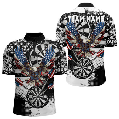 Custom Dart Shirt For Men, Grunge Eagle American Flag Black White Polo, 1/4 Zip Darts Jersey TDM3877