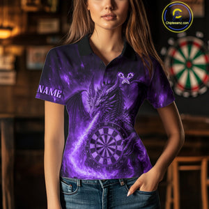 Purple Flaming Dragon Darts Jersey For Women Custom Polo & Quarter Zip Darts League Team Shirt TDM4556