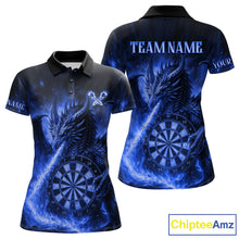 Load image into Gallery viewer, Blue Flaming Dragon Darts Jersey For Women Custom Polo &amp; Quarter Zip Darts League Team Shirt TDM4557