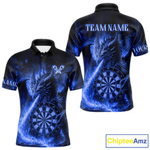 Load image into Gallery viewer, Blue Flaming Dragon Darts Jersey For Men Custom Polo &amp; Quarter Zip Darts League Team Shirt TDM4557