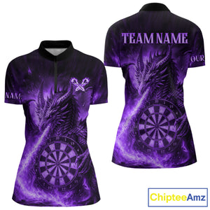 Purple Flaming Dragon Darts Jersey For Women Custom Polo & Quarter Zip Darts League Team Shirt TDM4556