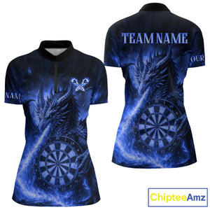 Blue Flaming Dragon Darts Jersey For Women Custom Polo & Quarter Zip Darts League Team Shirt TDM4557