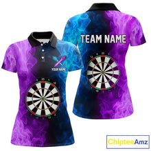 Load image into Gallery viewer, Blue And Purple Custom Fire Darts Shirt For Women, Personalized Darts Team Jersey Polo &amp; 1/4 Zip TDM4207