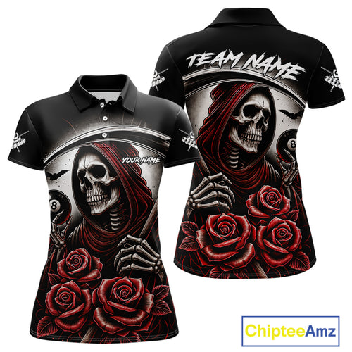 Death Skeleton 8 Ball Pool Roses Billiard Shirt For Women Custom Funny Pool Team Shirt Design |Red TDM4235