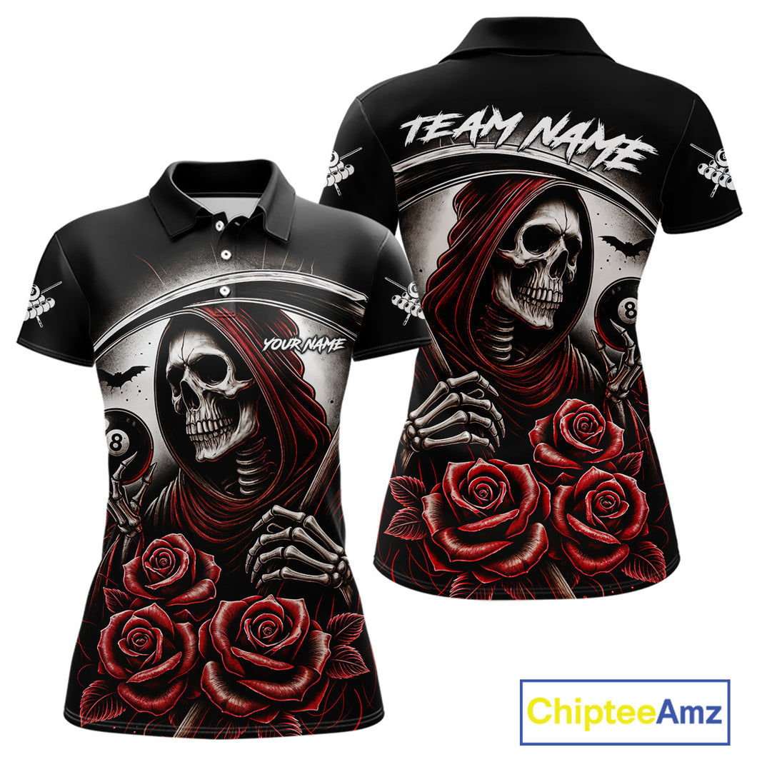 Death Skeleton 8 Ball Pool Roses Billiard Shirt For Women Custom Funny Pool Team Shirt Design |Red TDM4235