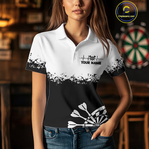 Personalized White Black Heartbeat Darts Shirt For Women Custom Grunge Darts Jersey Polo & 1/4 Zip TDM4530