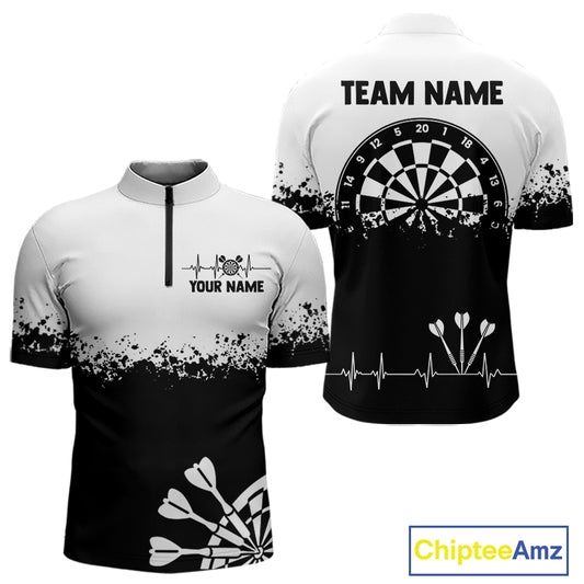 Personalized White Black Heartbeat Darts Shirt For Men Custom Grunge Darts Jersey Polo & 1/4 Zip TDM4530