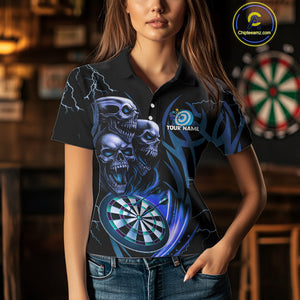 Personalized Skull & Dragon Darts Shirt For Women Custom Lightning Dartboard Team Jersey |Blue TDM4536