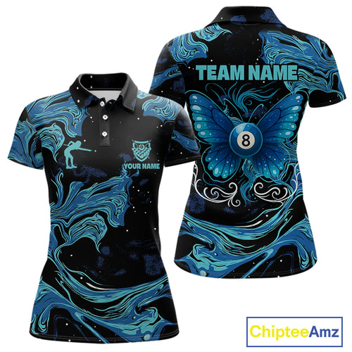 Custom Teal Blue Marble Billiard Shirt For Women, 8 Ball Butterfly Pool Team Jersey Polo & 1/4 Zip TDM4776