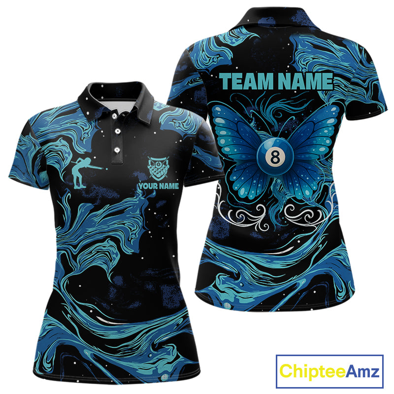 Custom Teal Blue Marble Billiard Shirt For Women, 8 Ball Butterfly Pool Team Jersey Polo & 1/4 Zip TDM4776