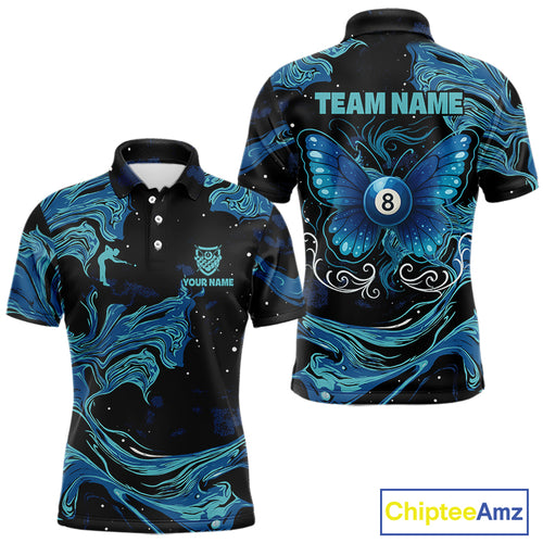 Custom Teal Blue Marble Billiard Shirt For Men, 8 Ball Butterfly Pool Team Jersey Polo & 1/4 Zip TDM4776