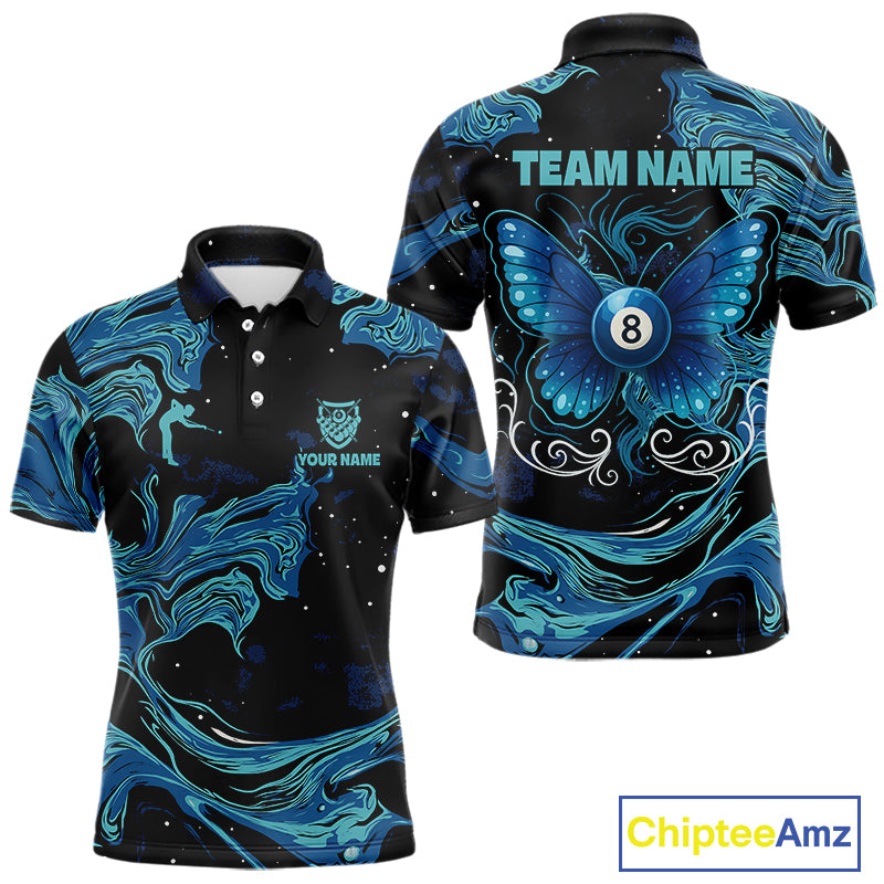 Custom Teal Blue Marble Billiard Shirt For Men, 8 Ball Butterfly Pool Team Jersey Polo & 1/4 Zip TDM4776