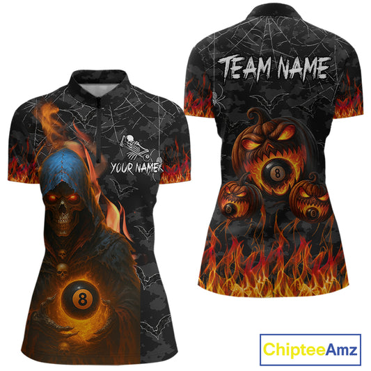 Personalized Grim Reaper Halloween Billiard Shirt For Women Custom Pumpkin 8 Ball Pool Team Jersey TDM4787