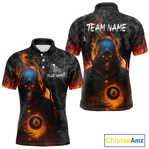 Personalized Flaming Grim Reaper 8 Ball Pool Billiard Shirt For Men, Halloween Billiard Outfit TDM4788