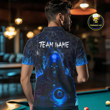 Load image into Gallery viewer, Customized Blue Flaming Grim Reaper 8 Ball Pool Billiard Shirt For Men, Halloween Billiard Outfit TDM4789