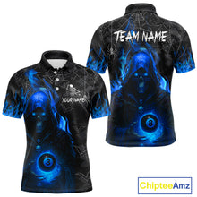 Load image into Gallery viewer, Customized Blue Flaming Grim Reaper 8 Ball Pool Billiard Shirt For Men, Halloween Billiard Outfit TDM4789