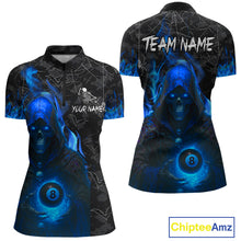 Load image into Gallery viewer, Customized Blue Flaming Grim Reaper 8 Ball Pool Billiard Shirt For Women, Halloween Billiard Outfit TDM4789