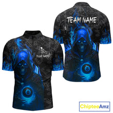 Load image into Gallery viewer, Customized Blue Flaming Grim Reaper 8 Ball Pool Billiard Shirt For Men, Halloween Billiard Outfit TDM4789