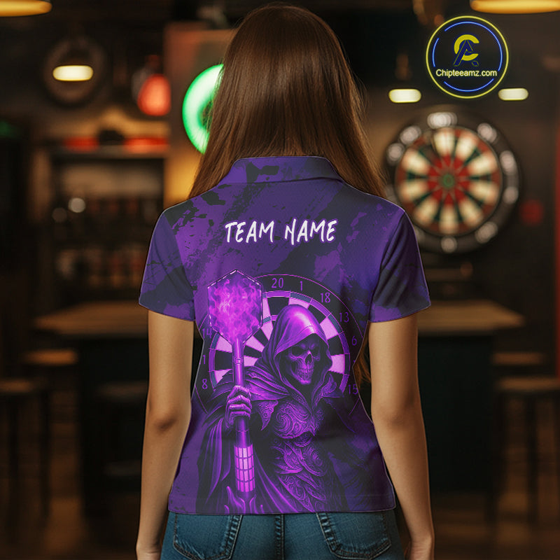 Personalized Purple Grunge Grim Reaper Darts Shirt For Women Custom 3D Darts Jersey Polo & 1/4 Zip TDM4742
