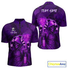 Load image into Gallery viewer, Personalized Purple Grunge Grim Reaper Darts Shirt For Men Custom 3D Darts Jersey Polo &amp; 1/4 Zip TDM4742
