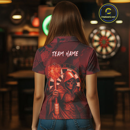 Personalized Red Grunge Grim Reaper Darts Shirt For Women Custom 3D Dart Team Jersey Polo & 1/4 Zip TDM4744