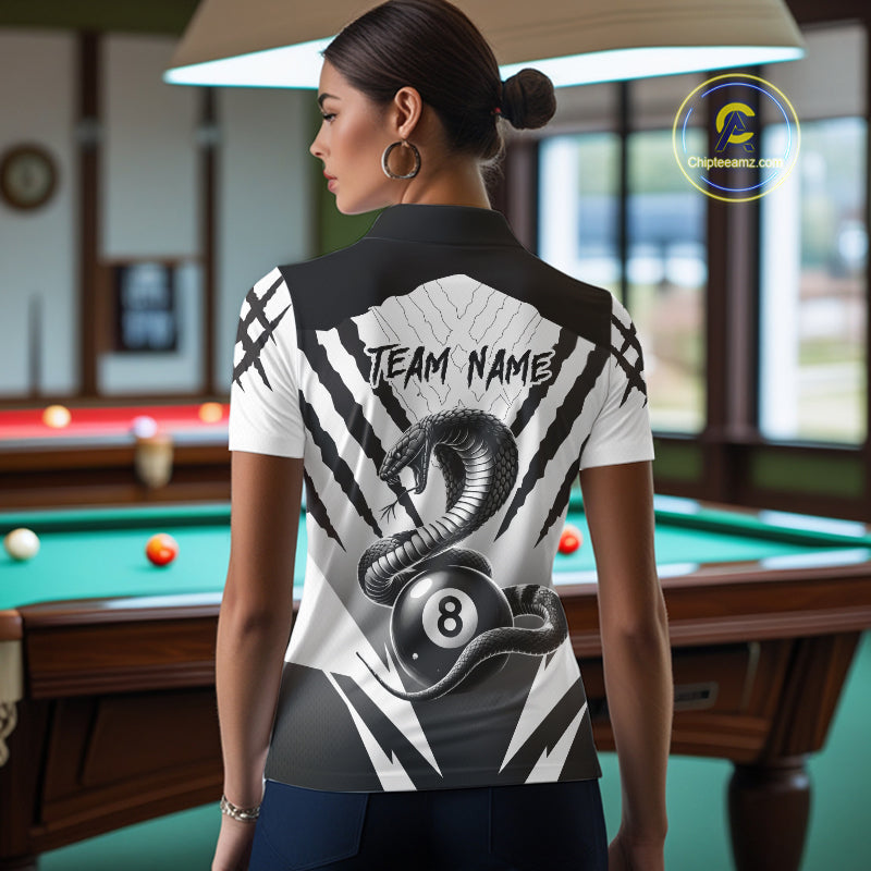 White Black Billiard Jersey Polo & 1/4 Zip Custom 8 Ball Cobra Snake Billiard Team Shirt For Women TDM4519